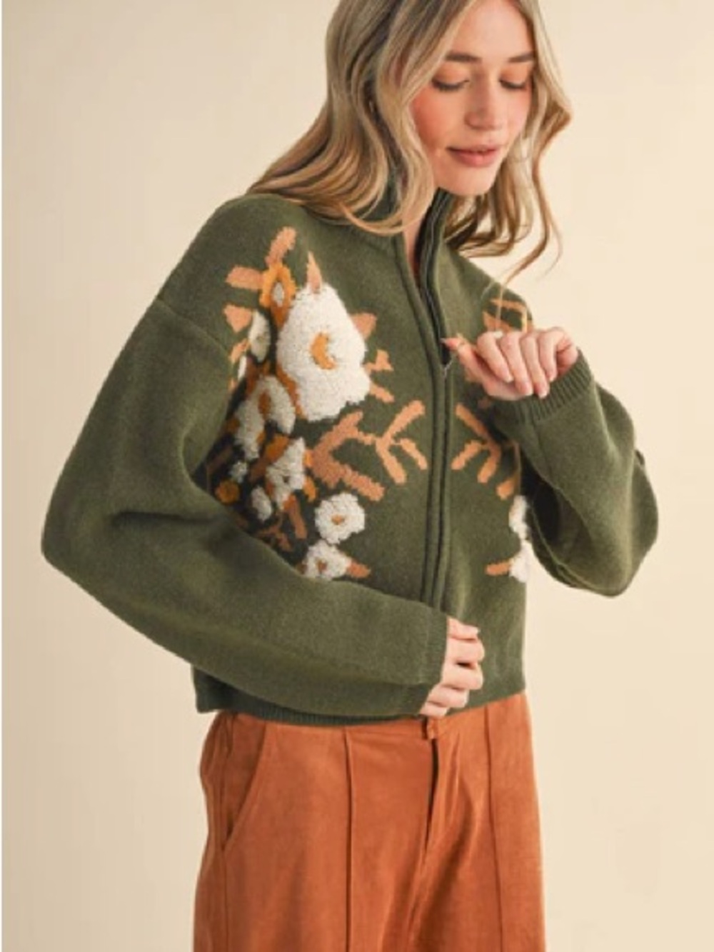 🫒 NEW &merci Women’s Olive Green Floral Zip-Up Sweater Jacket Size L